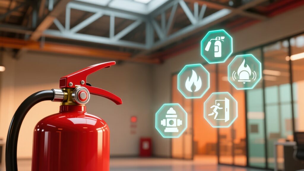 estintor em foco no lado esquerdo da imagem e alguns icones relacionado supenso sendo projetados na parte da direita simbolizando Combate a incêndio