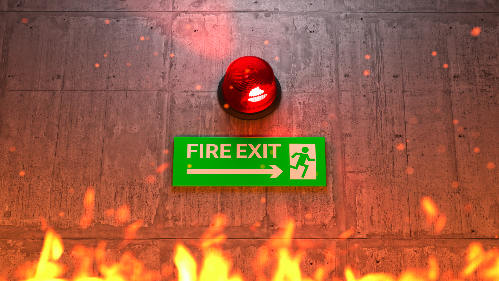alarme de incendio acima de um placa de saida de emergencia que são partes de um sistema de prevenção